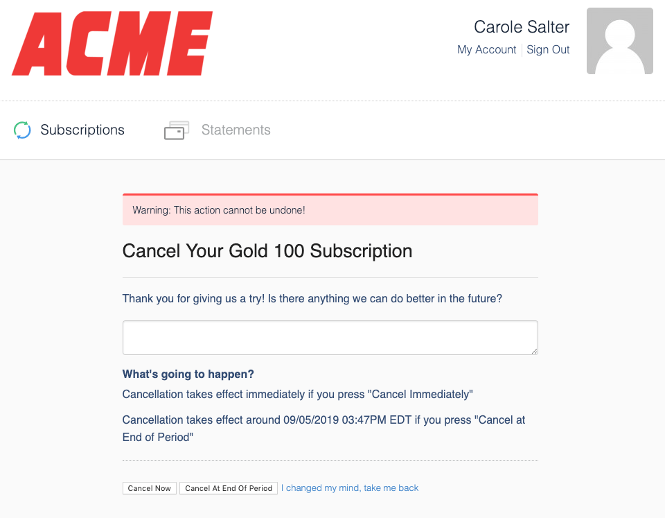 Cancellation screen explaining when access ends, with a confirmation control