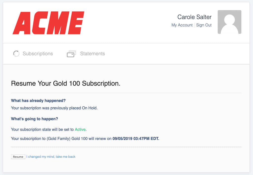 Resume Your Subscription screen explaining what resuming does and when billing restarts
