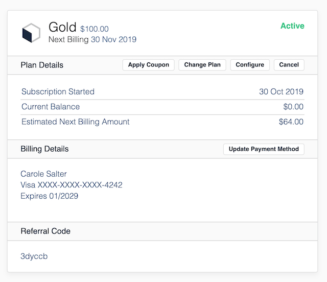 Foot of a subscription panel showing its unique referral code