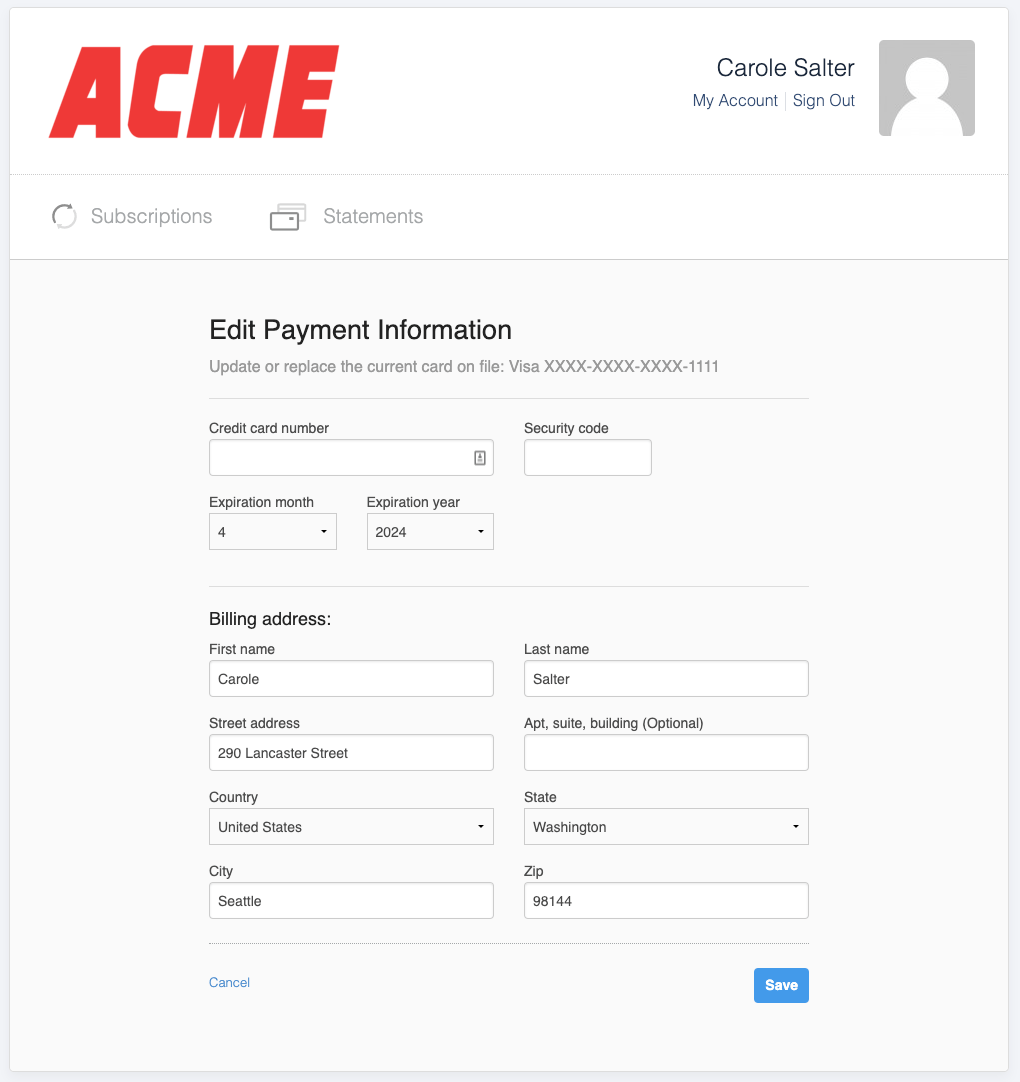 Edit Payment Information form with card and billing address fields
