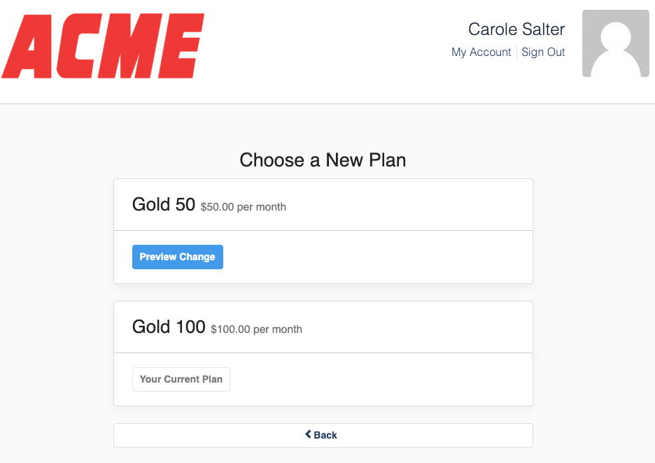 Choose a New Plan screen with the current plan marked and an alternative offered with its price
