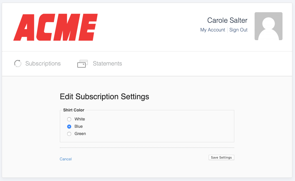 Edit Subscription Settings panel with a single editable custom field and a save control