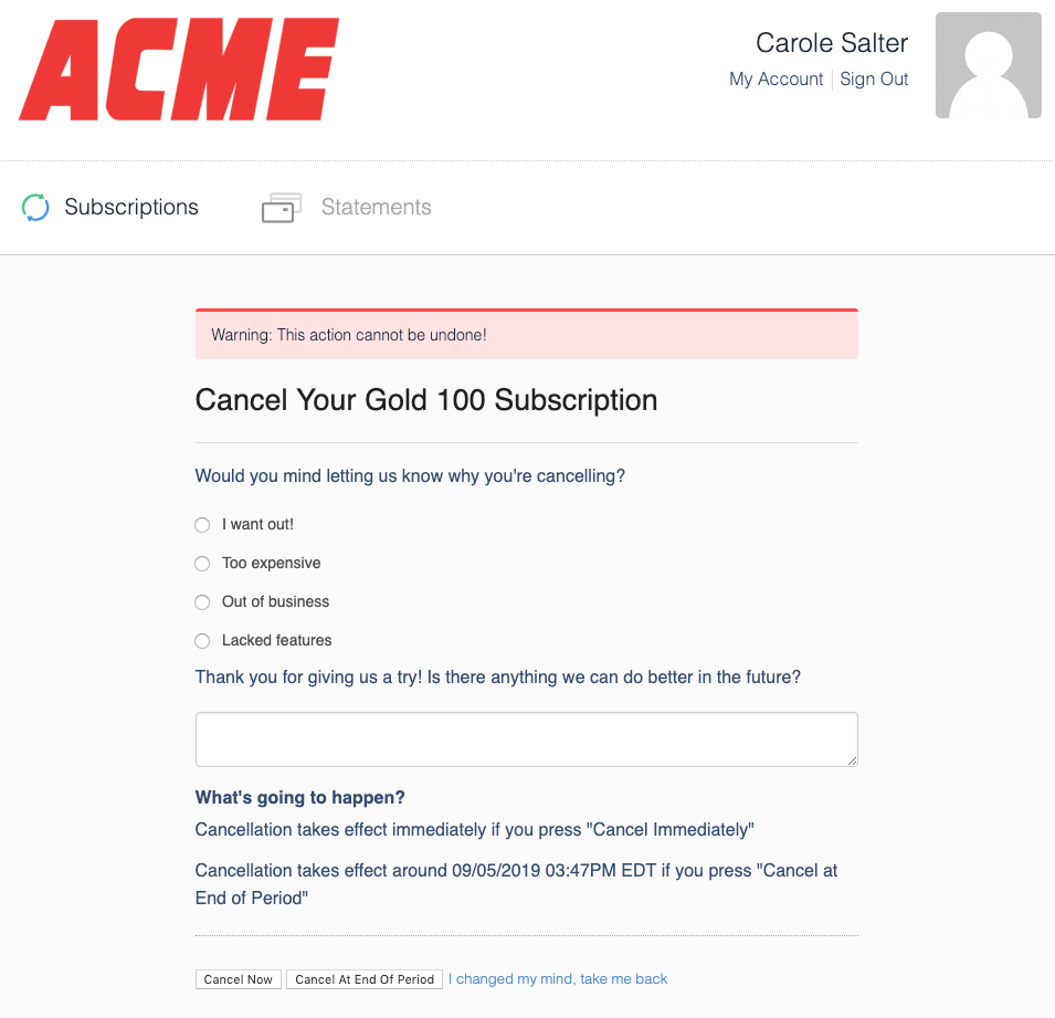 Cancellation screen with a required churn reason selector and a free-text follow-up field