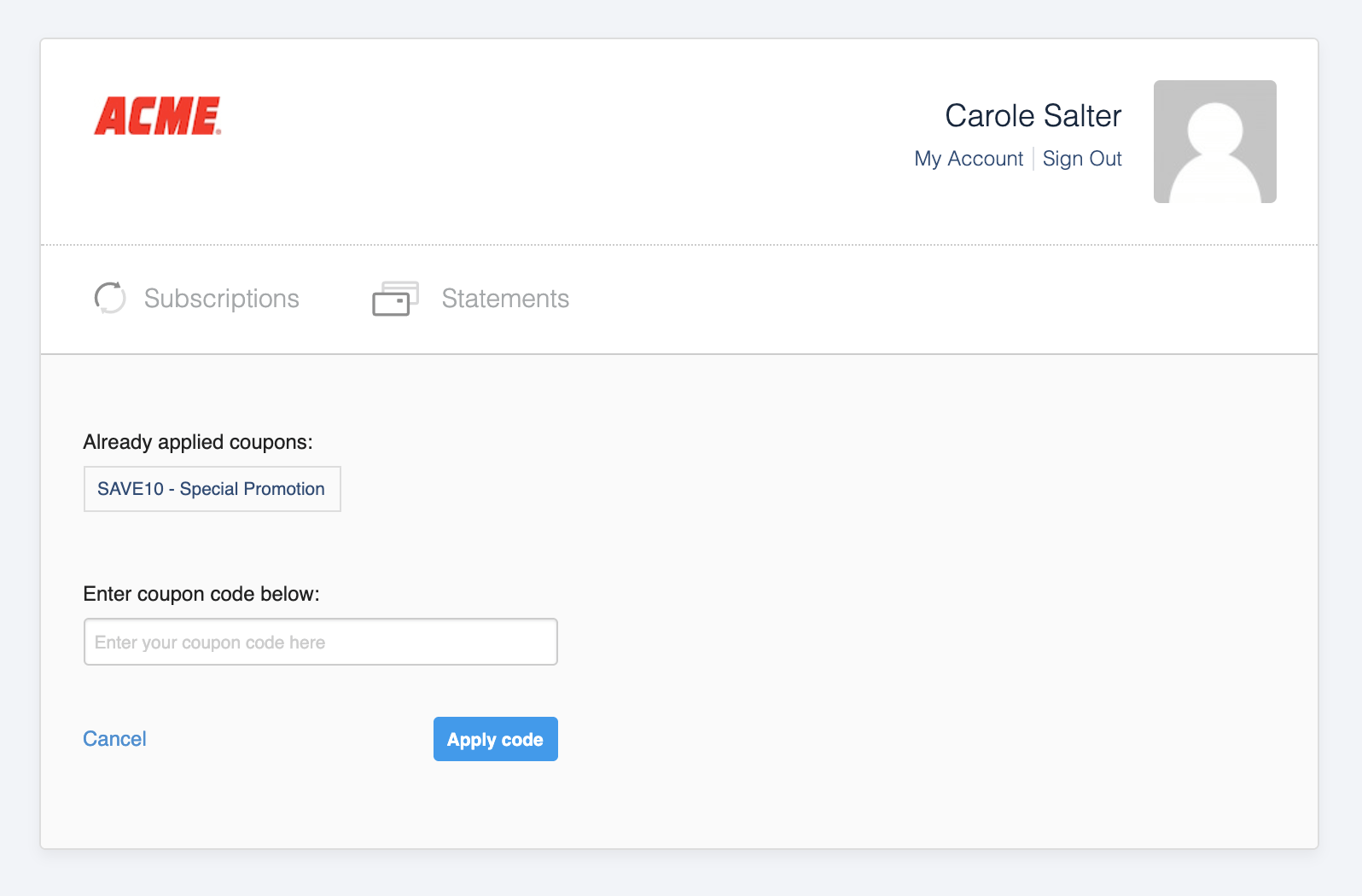 Coupon entry dialog with a code field, an apply control and validation messaging