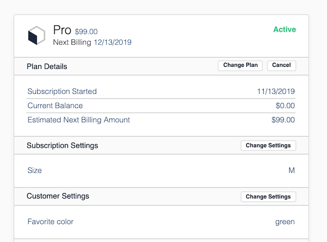 Subscription panel showing custom fields with their values