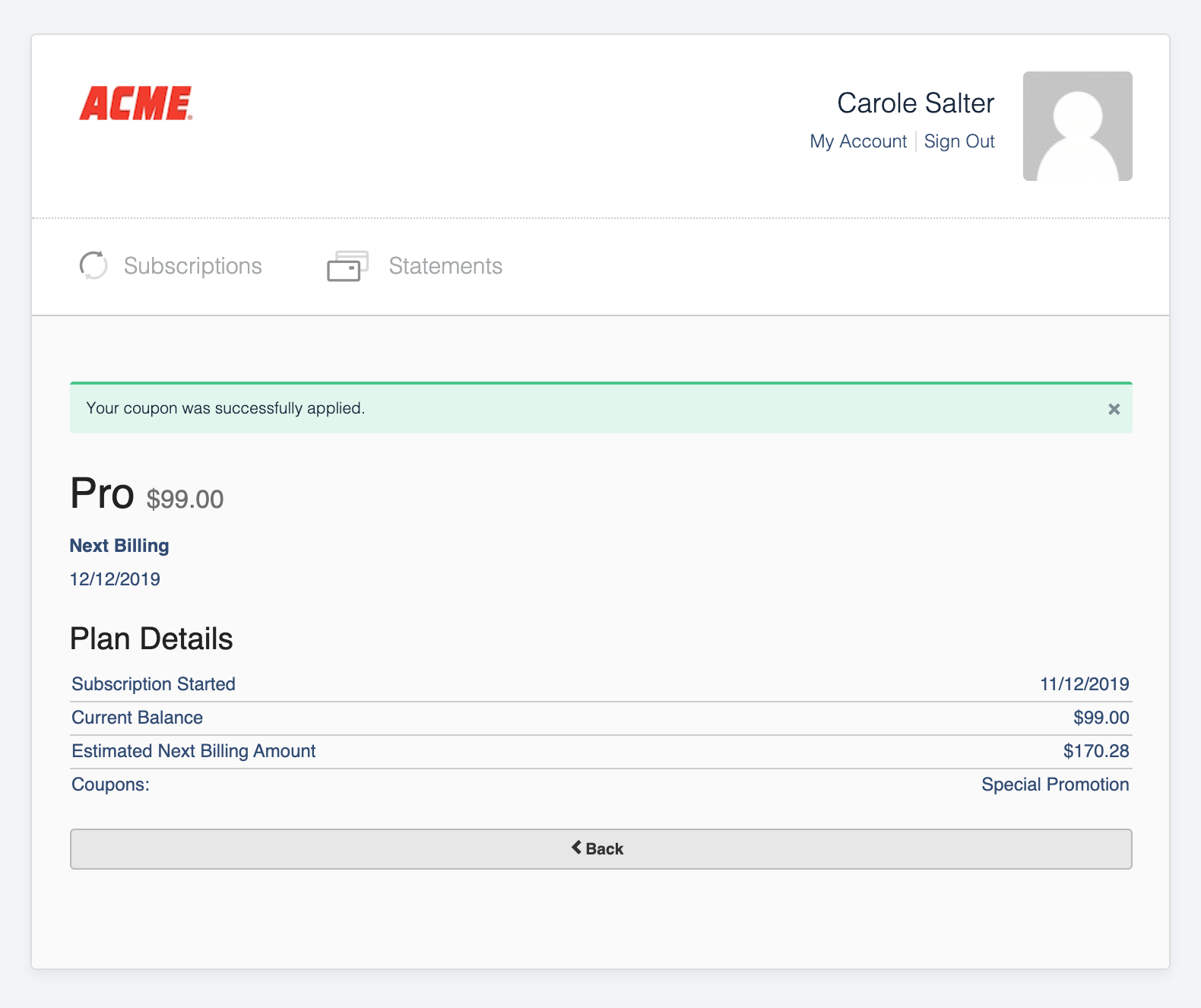 Subscription summary after a coupon is applied, with the discount reflected in the totals