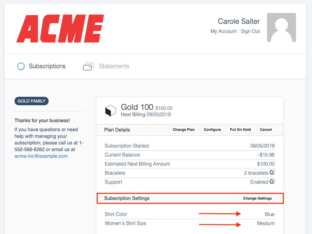 Subscription panel displaying several custom fields at once