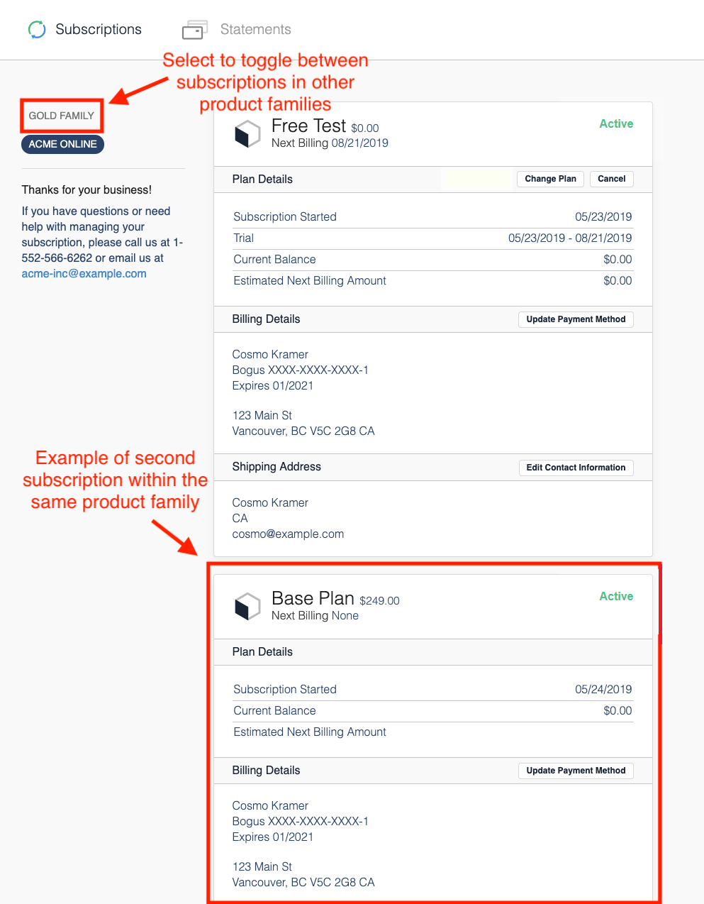 Billing Portal annotated to mark the control that switches between product families and a second setting