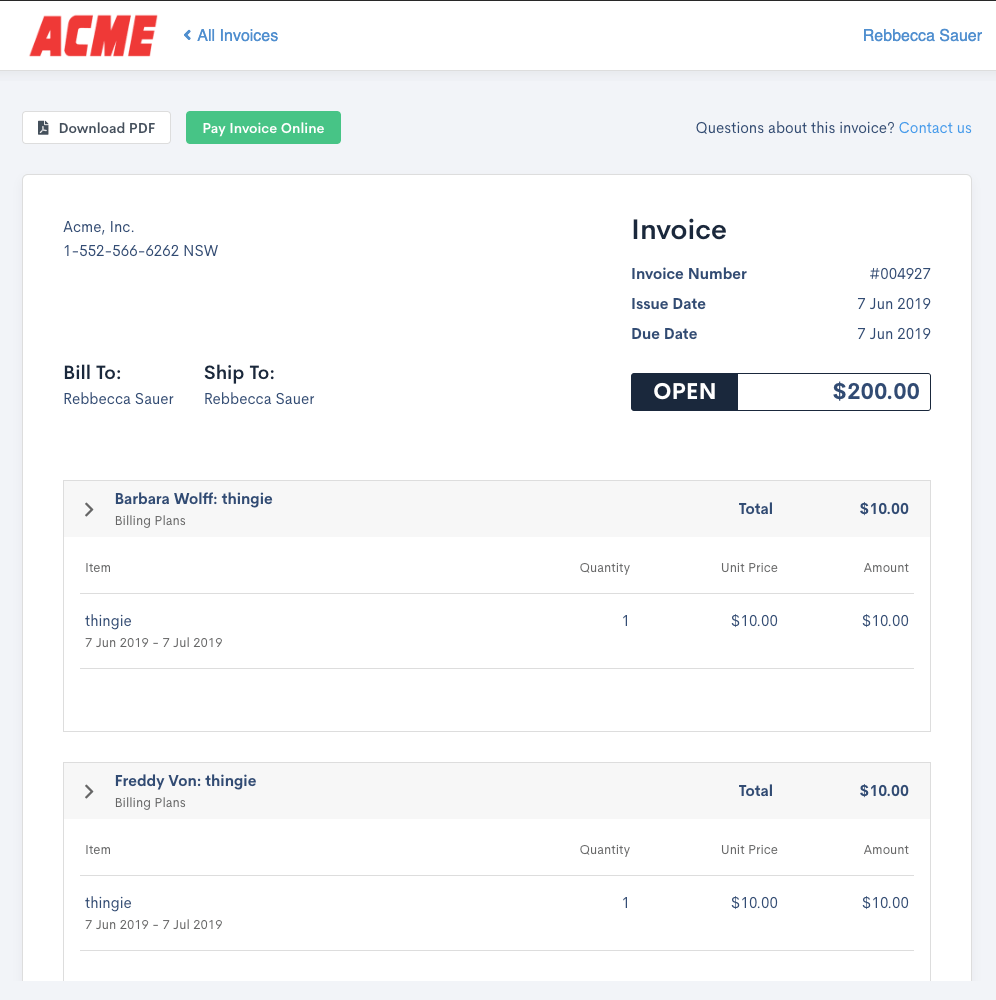 Consolidated invoice with charges grouped from more than one subscription