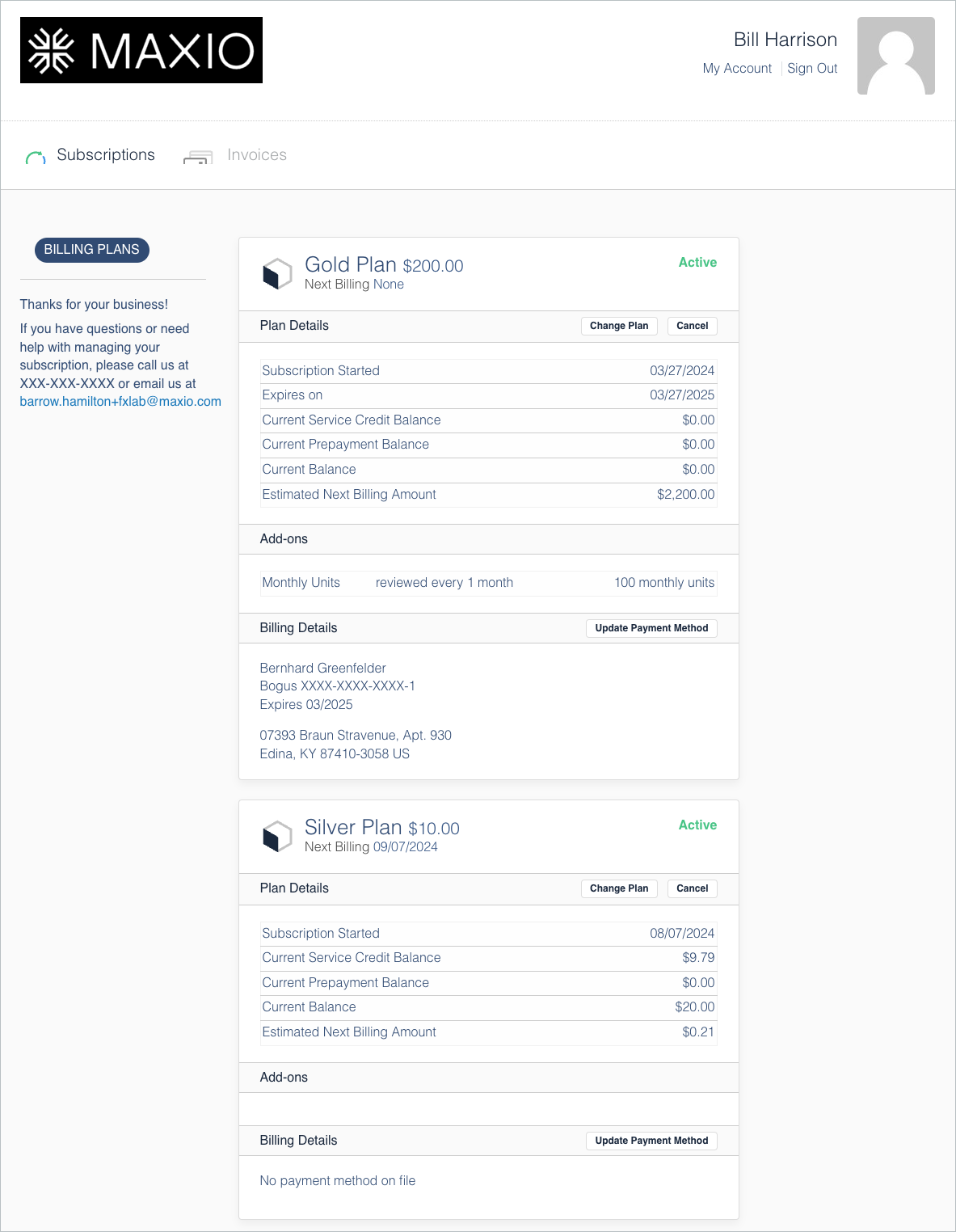 Billing Portal subscription overview a subscriber first sees, with plan details, billing details and customer settings