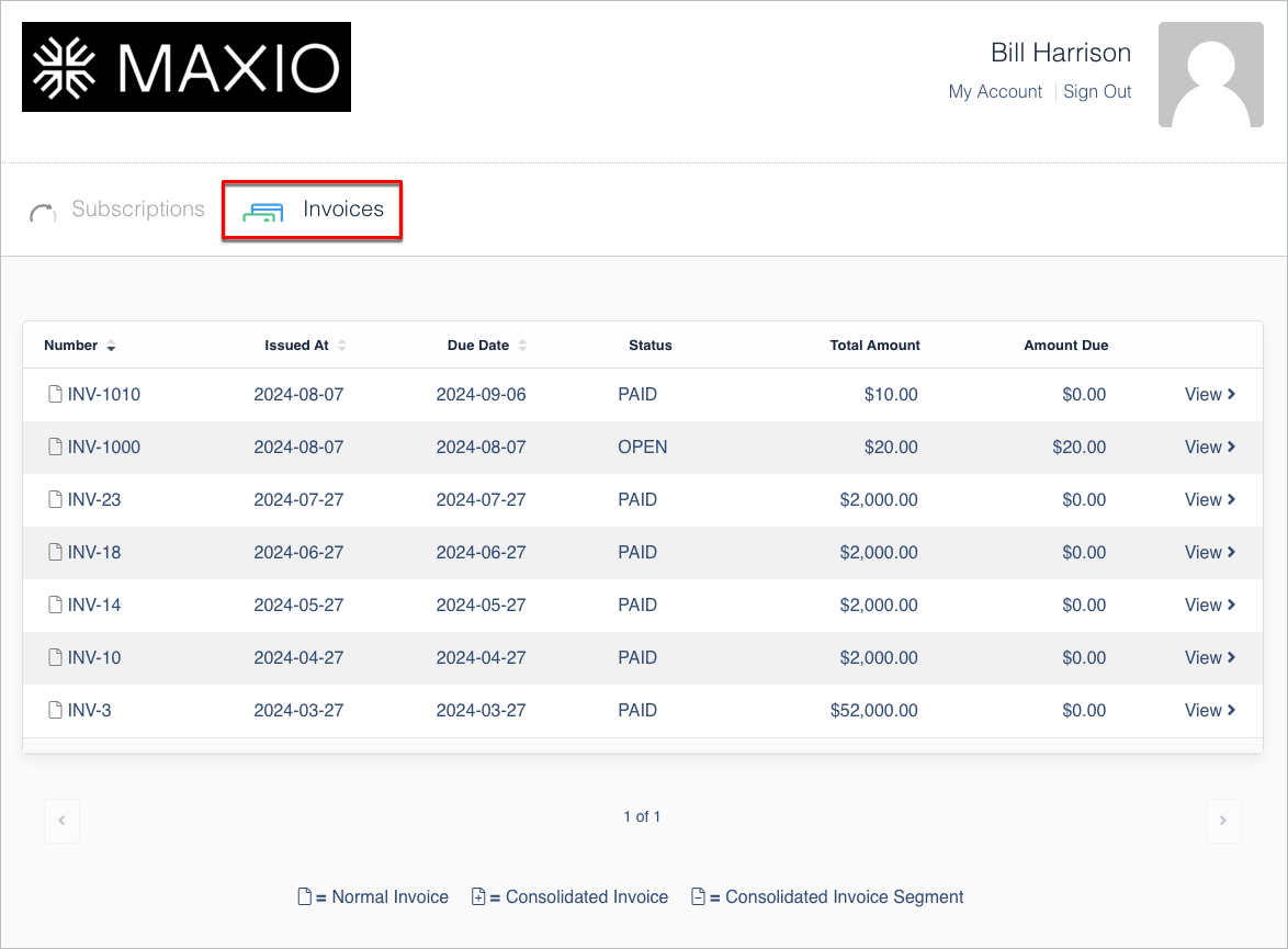 Customer's invoice list in the portal, with each invoice's status, dates and amount