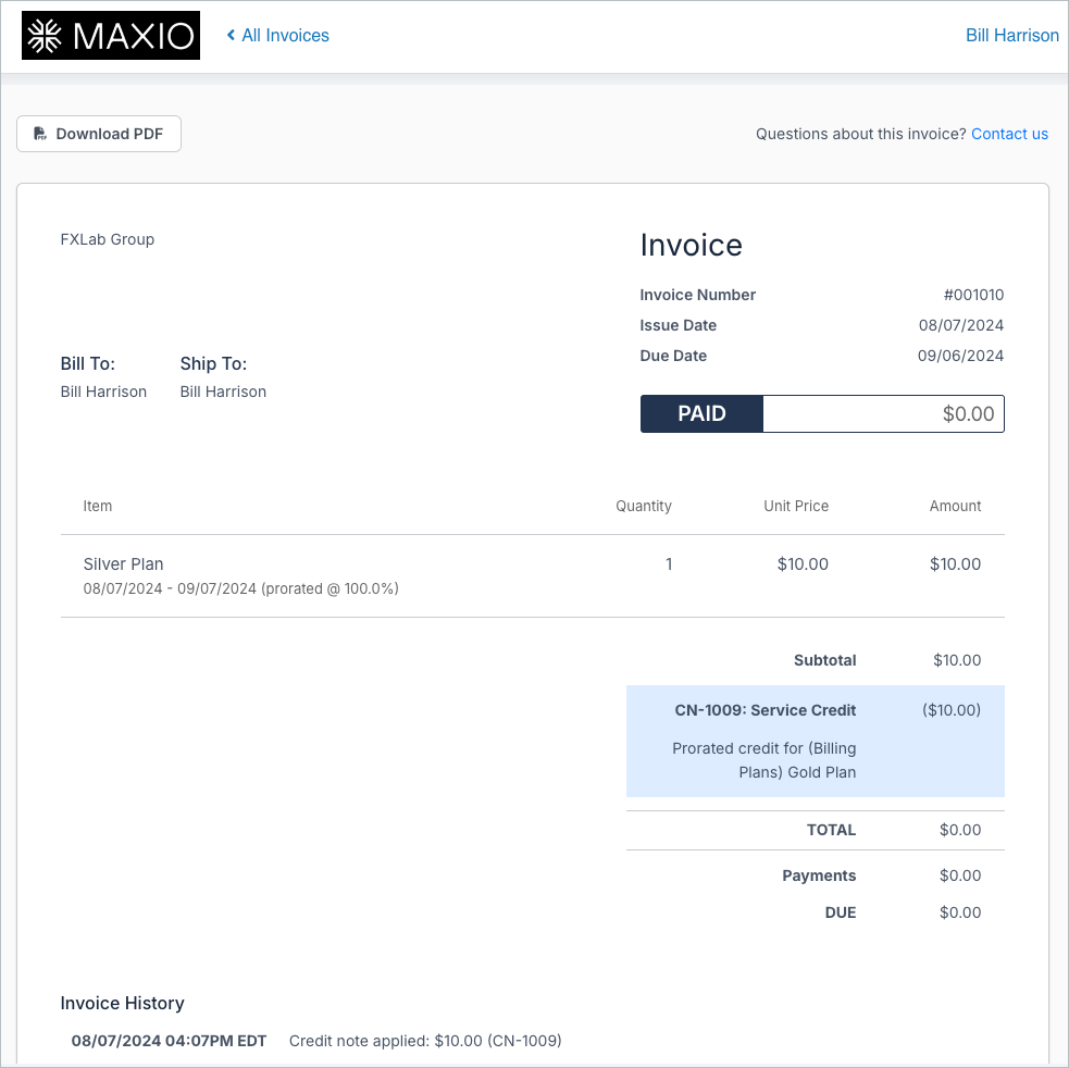 Rendered invoice from a subscription that is not part of a group, with its line items and totals