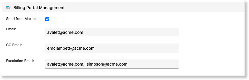 Billing Portal management form with email fields accepting several addresses