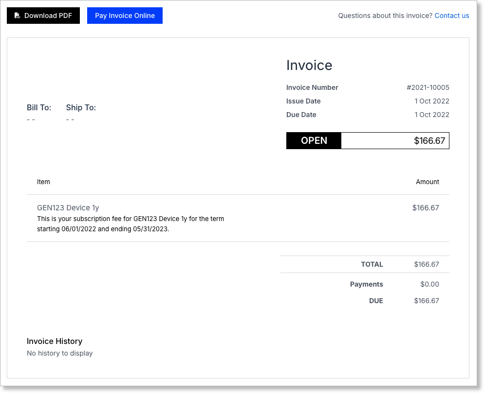 Invoice landing page a customer reaches to download a PDF or pay the invoice