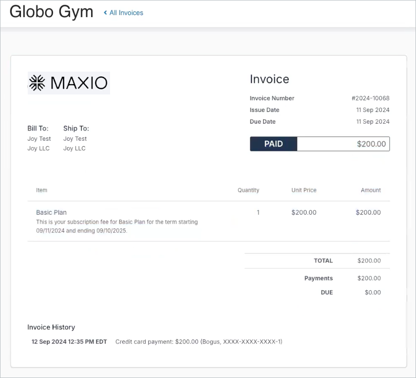 Invoice marked paid after payment information is entered, with its resulting status and balance