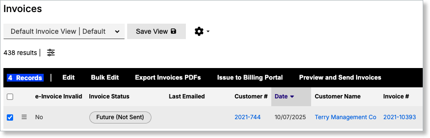 Invoice list with rows selected and a bulk action control