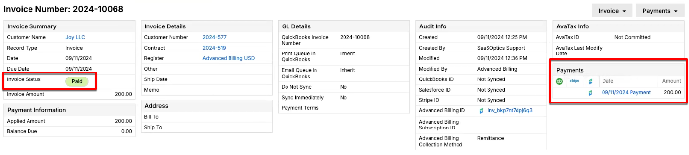 Maxio Core invoice list showing a status that has not changed