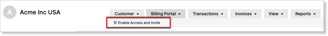 Customer record with an action menu open on the Billing Portal enable option