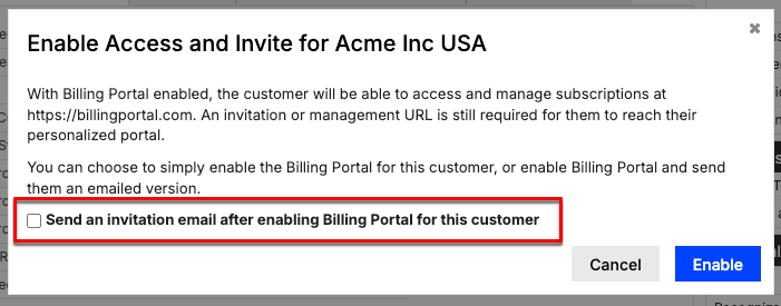 Enable Access and Invite dialog explaining what enabling does, with a checkbox to send the invitation email
