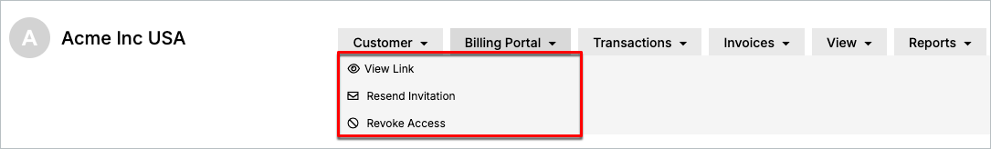 Customer record showing the Billing Portal menu once access is enabled