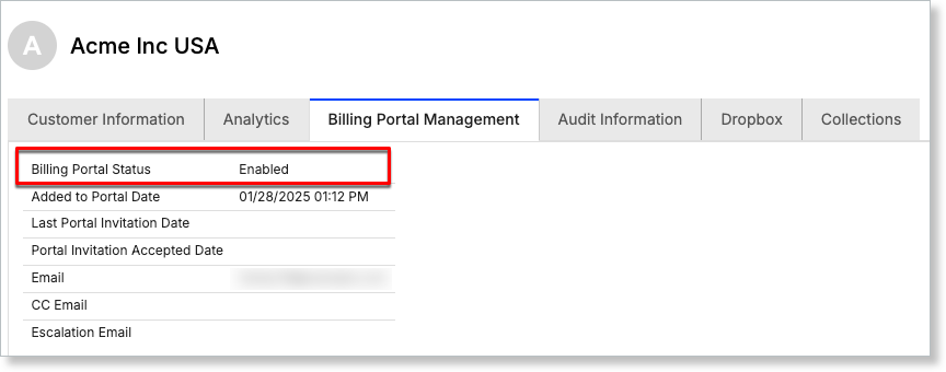 Billing Portal management tab with the options available for that customer