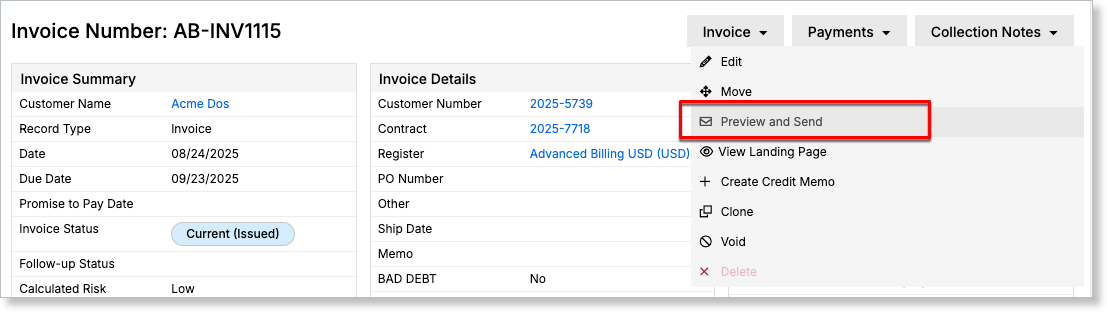 Invoice action menu with Preview and Send selected