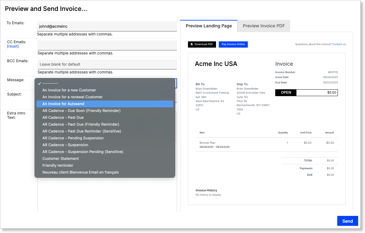Preview and Send Invoice dialog with a message template selector, recipients and a rendered invoice preview