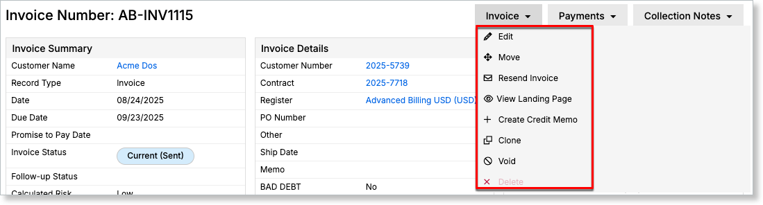 Invoice action menu after sending, showing the changed set of options