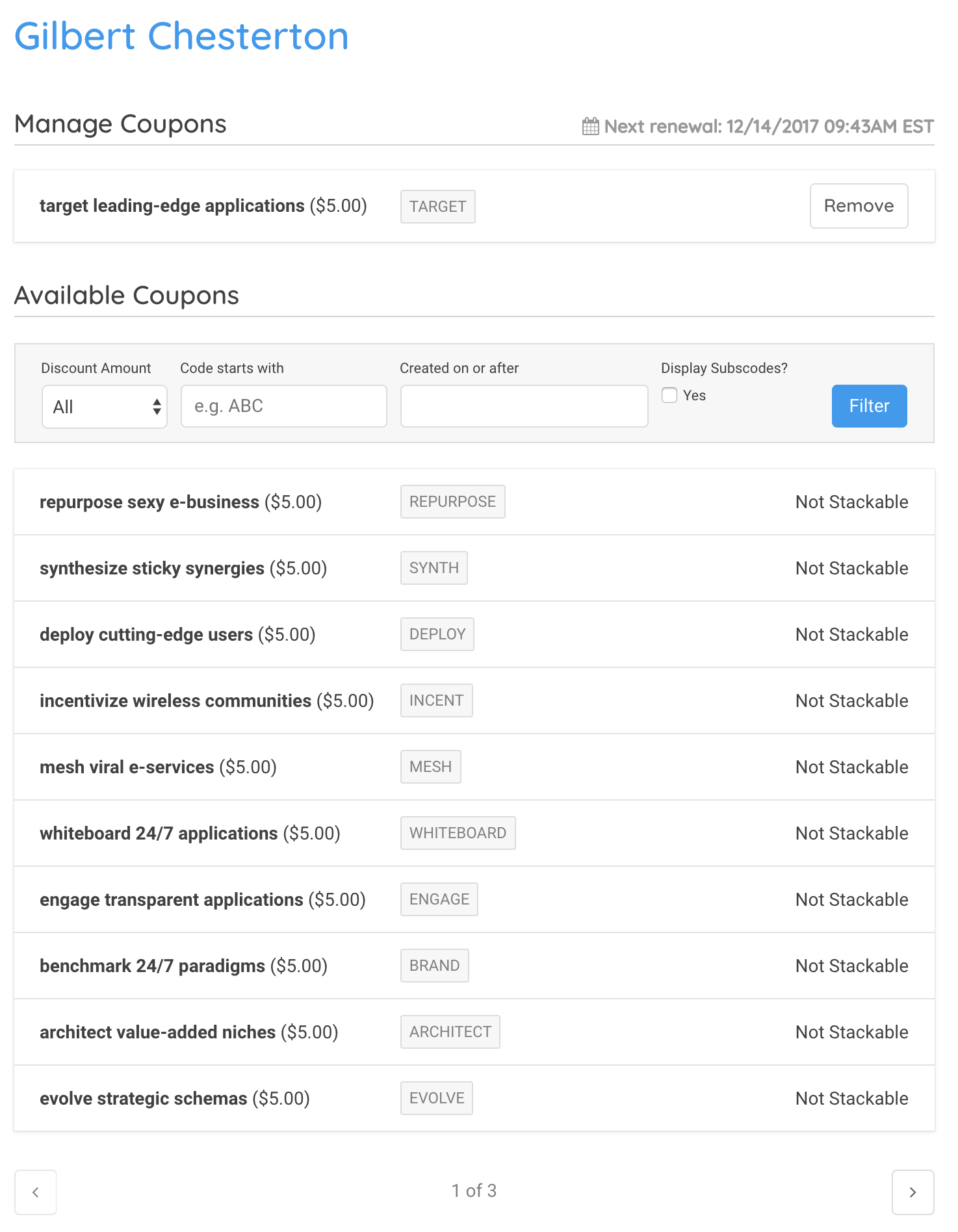 Manage Coupons panel where every available coupon is marked non-stackable because one is already applied