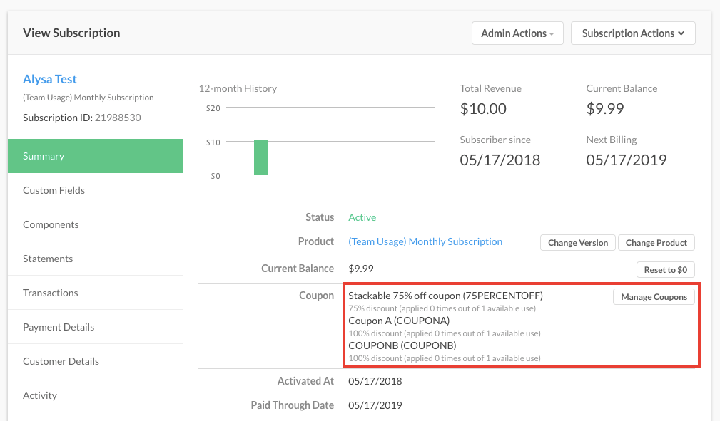 Subscription summary with the coupon section highlighted, listing the applied coupons and their codes