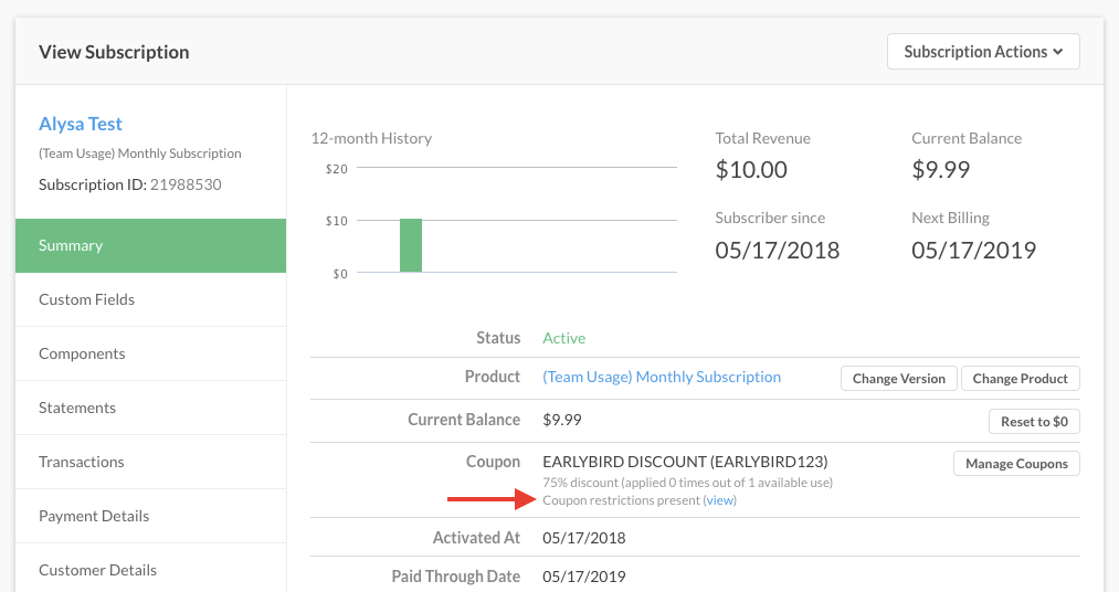 Subscription summary with a coupon restrictions warning highlighted