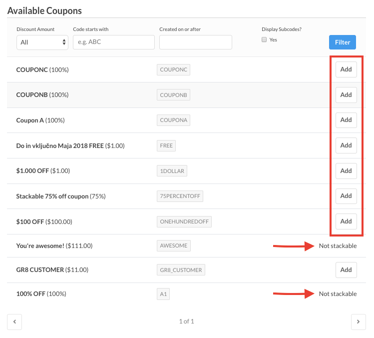 Manage Coupons panel listing available coupons by discount, code and stackability, with the non-stackable ones highlighted