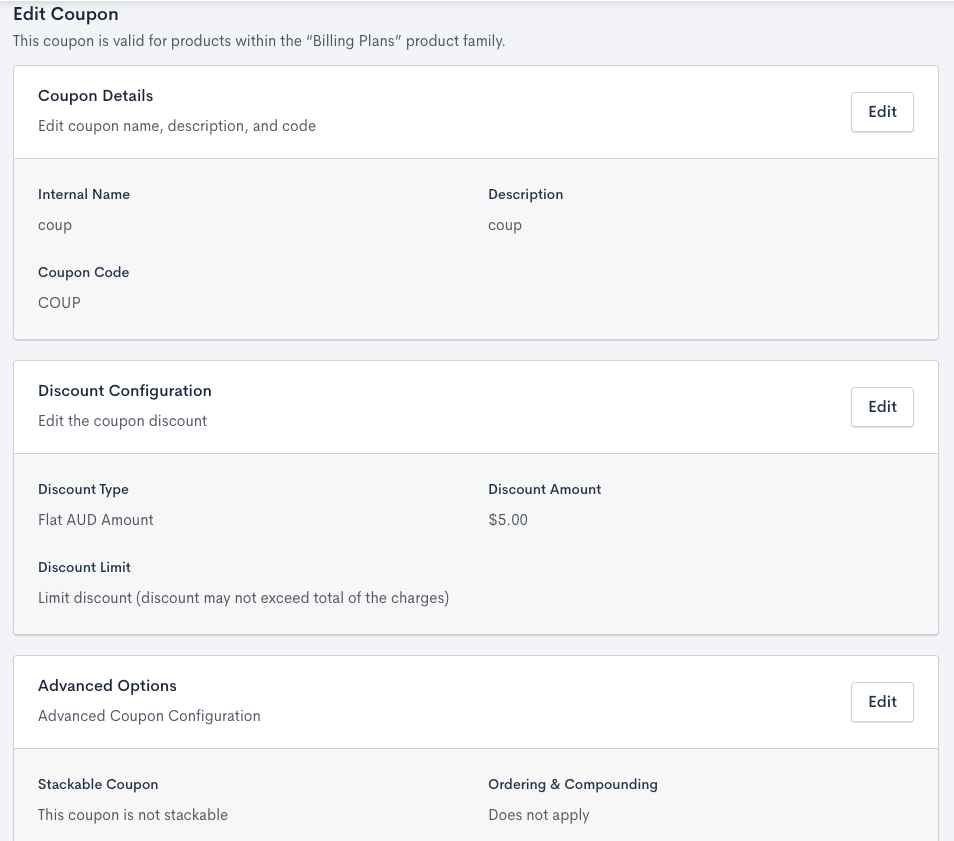 Edit coupon screen with collapsed sections for details, discount configuration, advanced options and stackable coupons