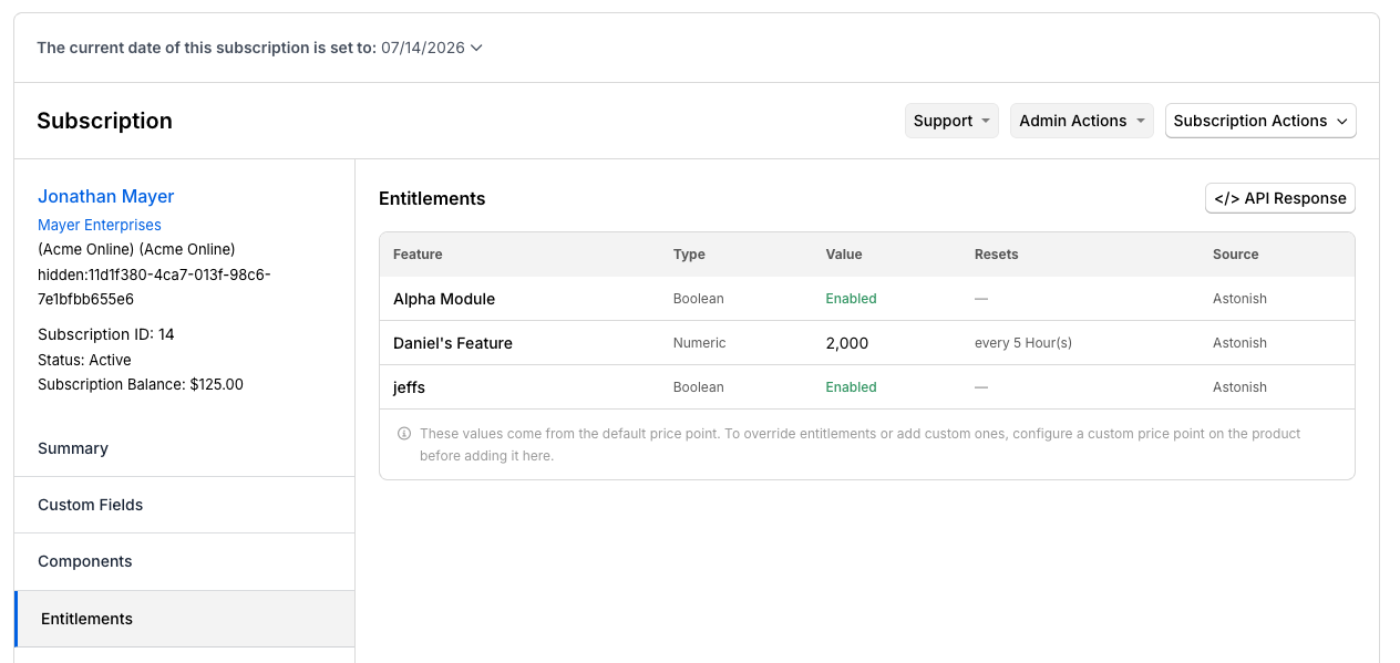 Subscription entitlements tab listing each feature with its name, type, resolved value, reset cadence, and the Product(s) it resolves from