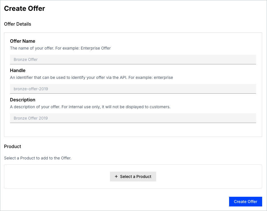 Offer builder with name, handle and description fields, a product selector and a create control