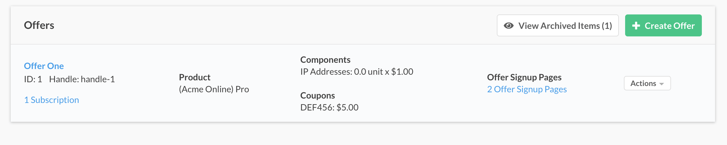 Offers list showing a View Archived Items button indicating one archived offer exists