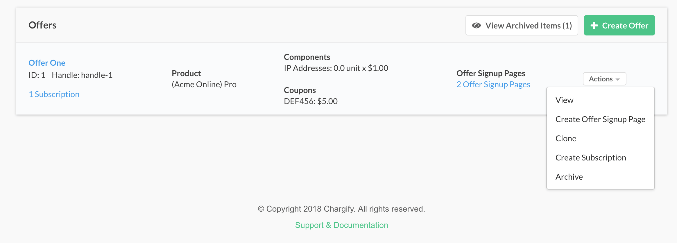Offers list with a row Actions menu open, showing View, Create Offer Signup Page, Clone, Create Subscription, and Archive