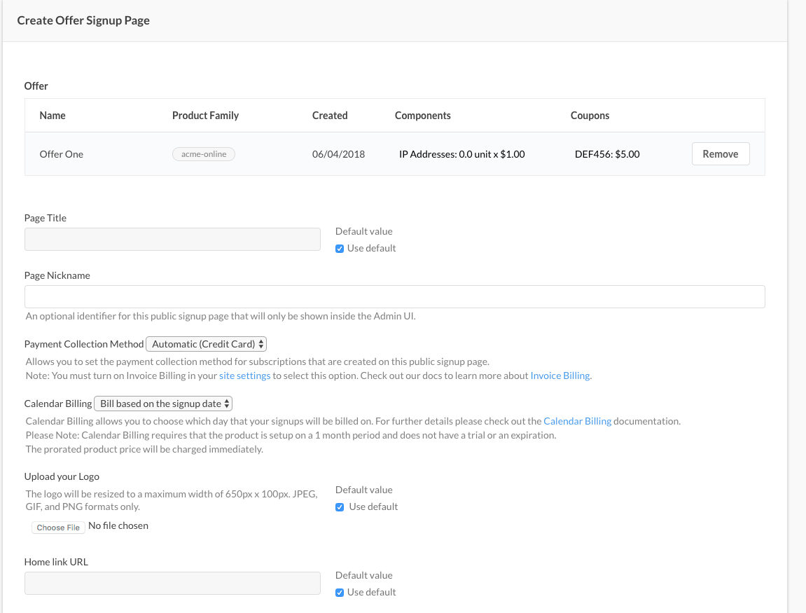 Create Offer Signup Page form with page name, product and offer selectors and a public URL field