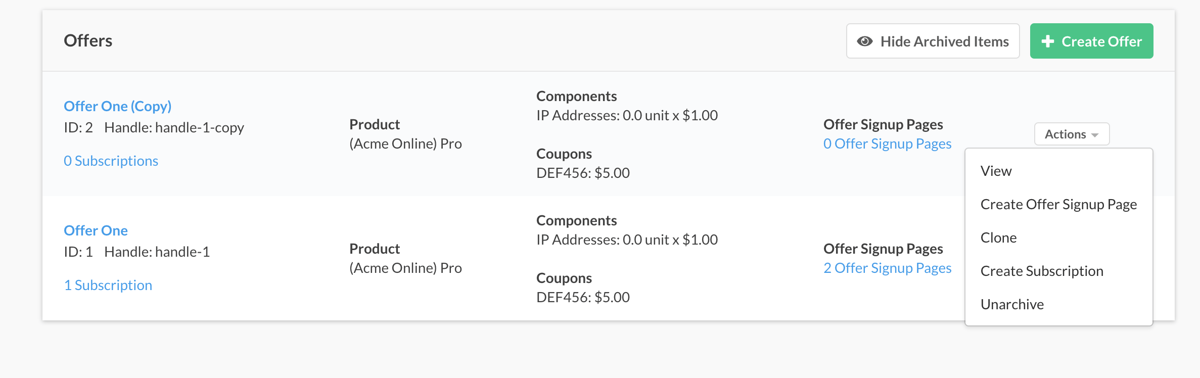 Offers list with archived offers shown alongside active ones, including an Unarchive action