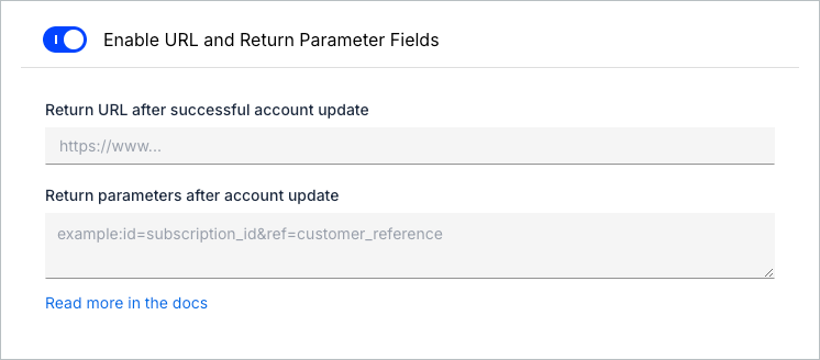 Setting enabling URL and return parameter fields, with example values