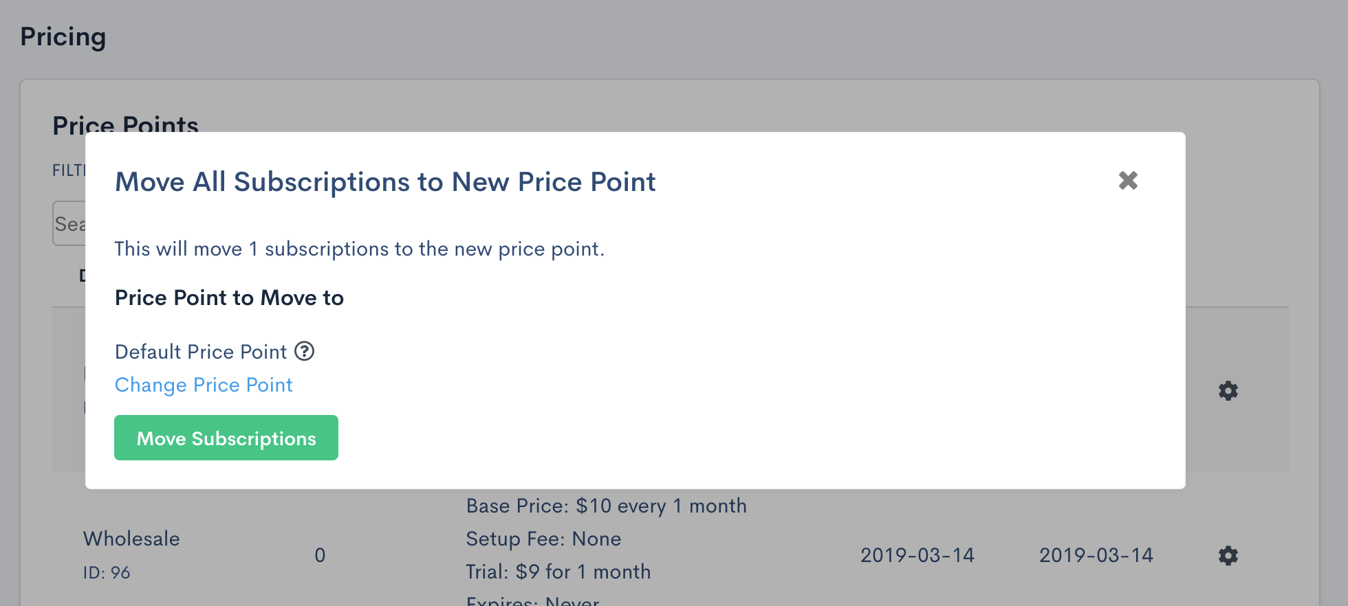 Move All Subscriptions to New Price Point dialog with source and destination selectors and the affected subscription count