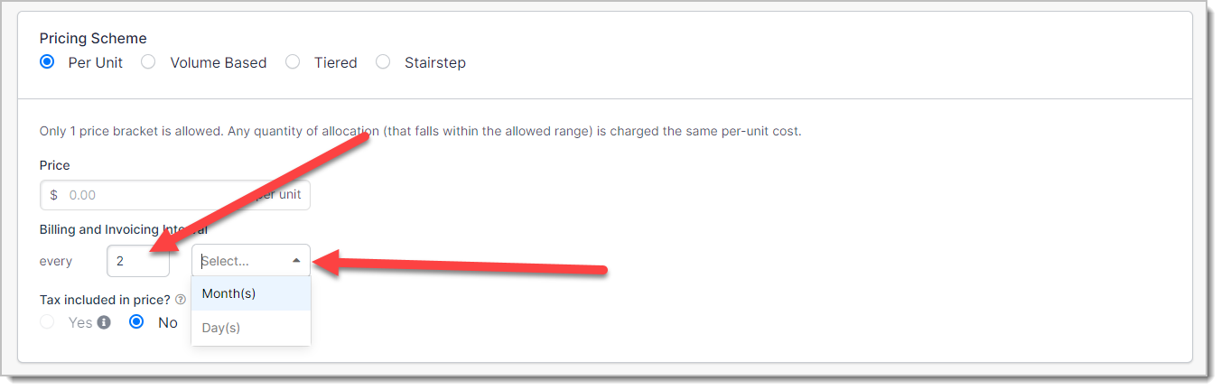 Pricing scheme editor with the timing interval controls highlighted