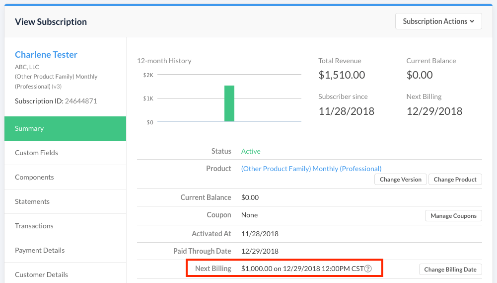 Subscription summary with a next-billing amount reflecting the recalculated Product total