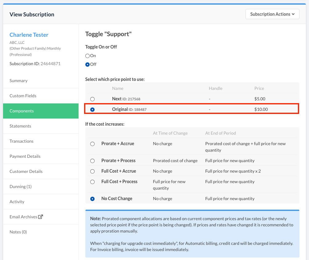 Subscription Product panel with the original price point selected, above a matrix of cost-increase behaviours for proration and billing