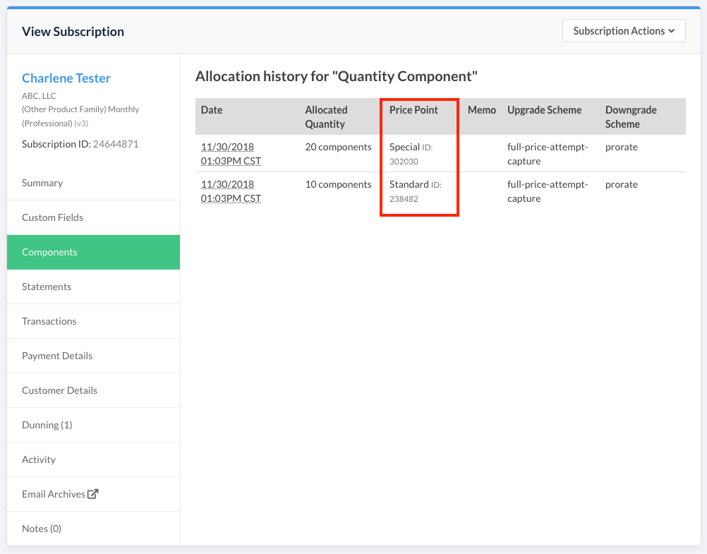 Allocation history after the change, showing both the original and the new price point rows