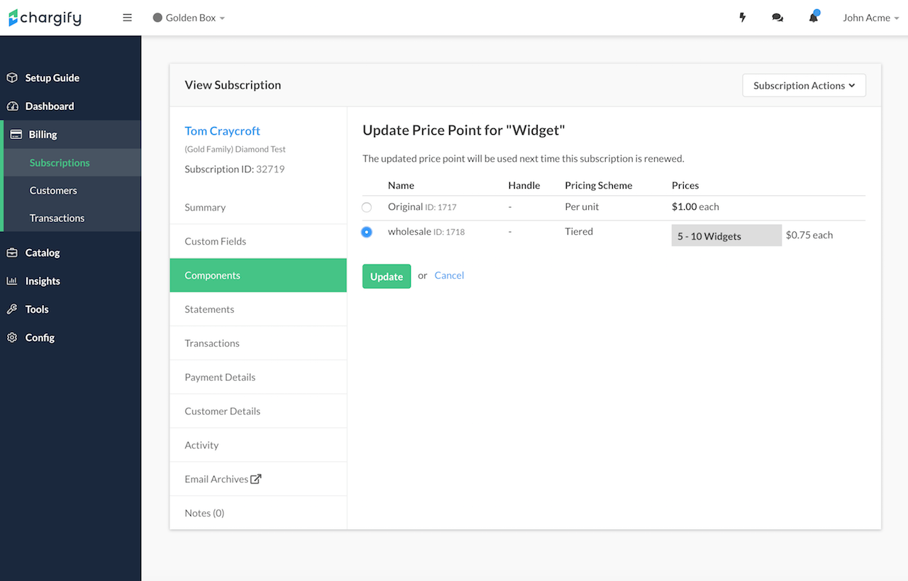 Update Price Point dialog with a price point selector and the resulting rate
