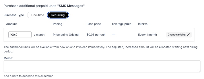 Purchase additional prepaid units form with Purchase Type set to Recurring, showing the amount per month alongside base price, Overage price, and renewal interval