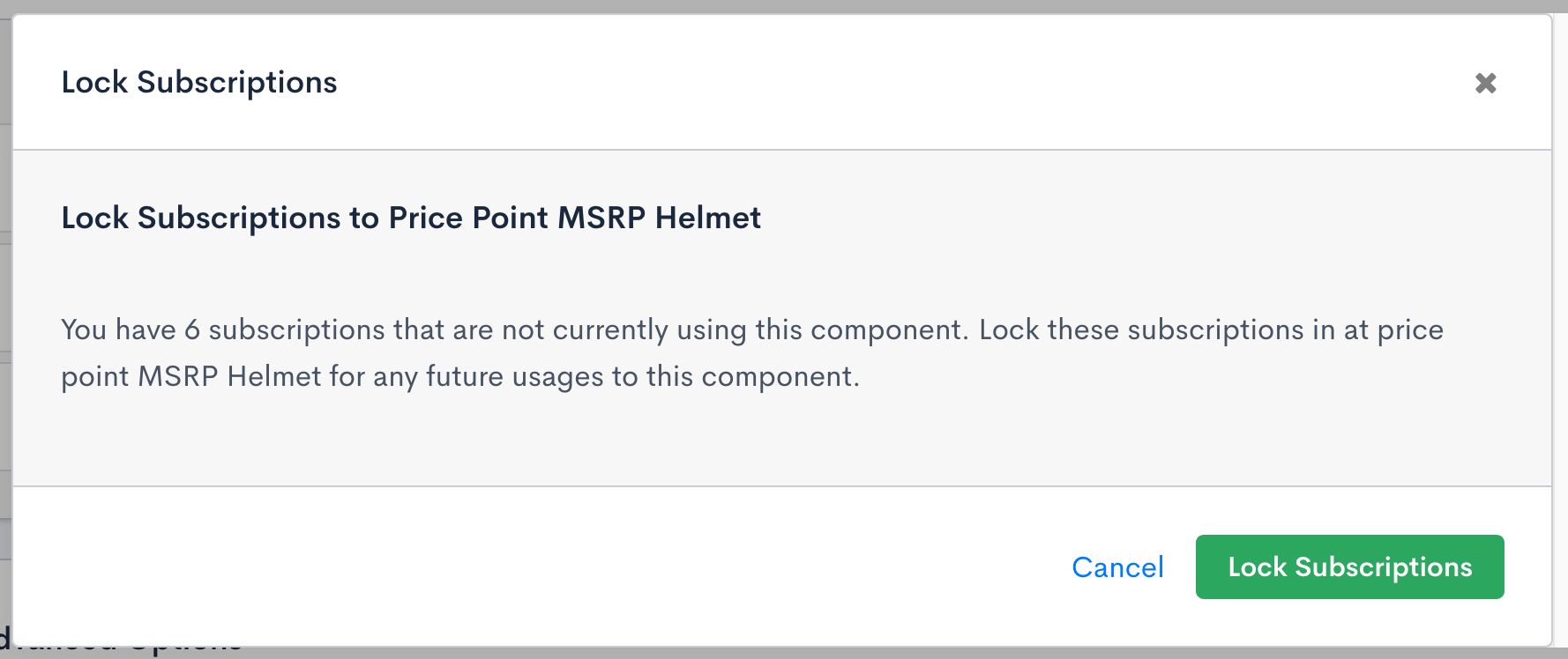 Lock Subscriptions to Price Point dialog stating how many subscriptions do not currently use the Product, and what locking does
