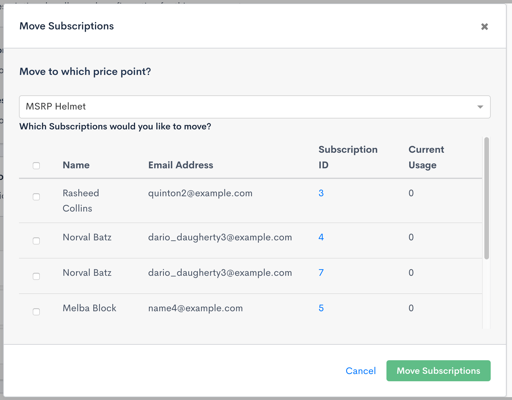 Move Subscriptions dialog with a target price point selector above a table of subscriptions with their current usage