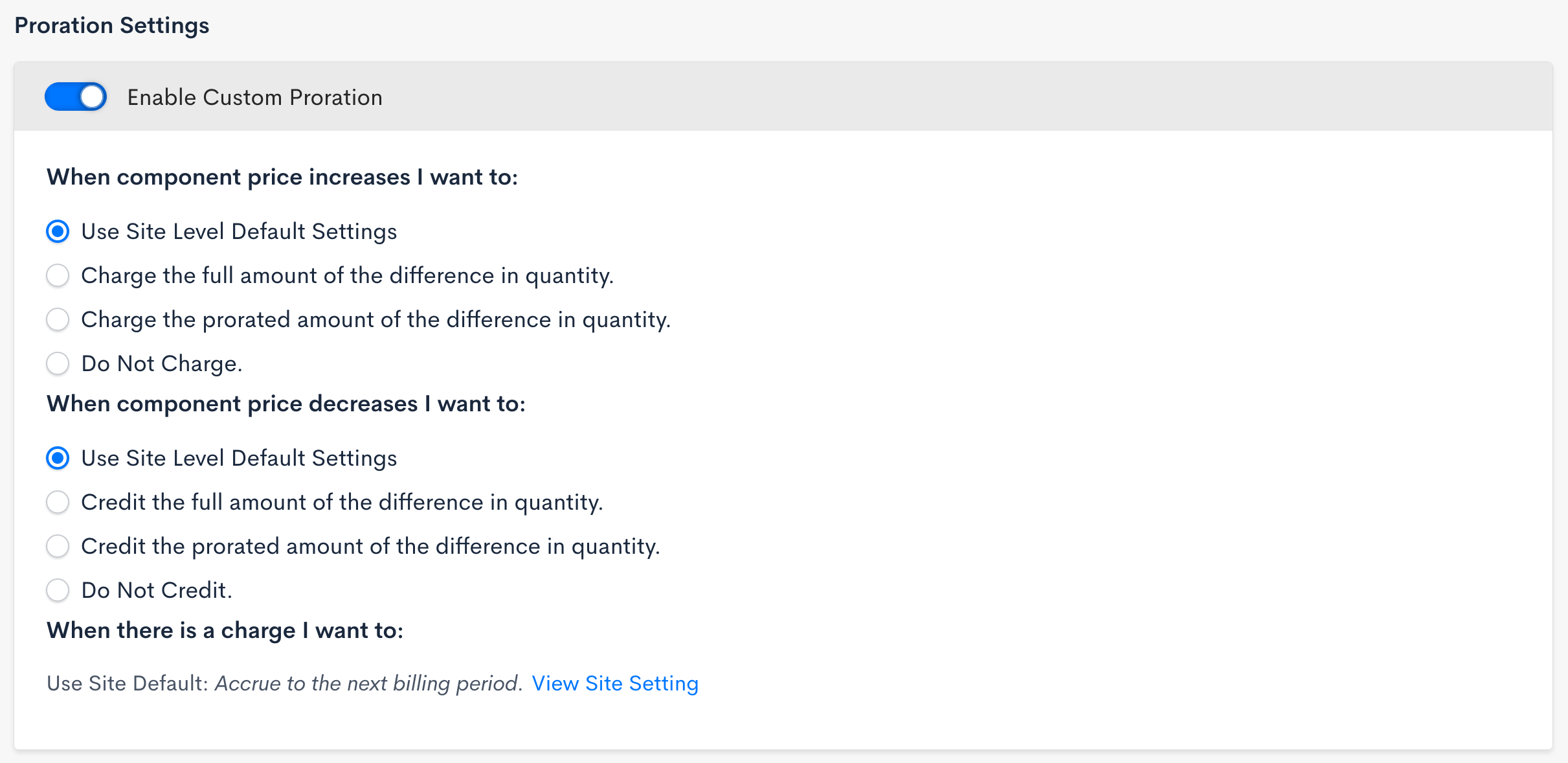 Proration settings with a custom proration toggle and three option groups covering price increases, price decreases and when to charge